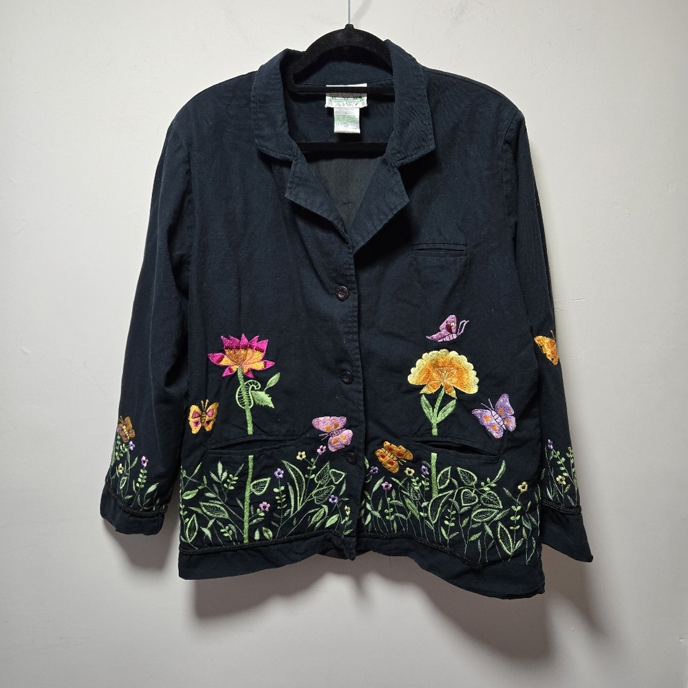 Vintage The Quacker Factory Embroidered Jacket Size Large Floral Butterflies